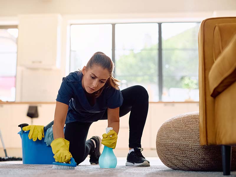 Junge Frau reinigt einen Teppichboden in einem Privathaushalt